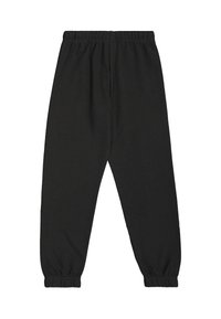 Schwarze Sweatpants aus weichem, elastischem Stoff. Mit einem elastischen Bund und eng anliegenden Bündchen an den Knöcheln. Keine zusätzlichen Details oder Muster.