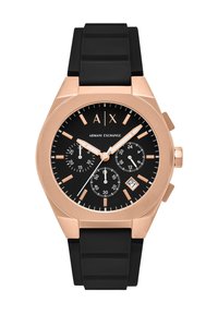 Montre chronographe noire avec un boîtier en acier inoxydable rose doré. Les caractéristiques comprennent un cadran noir, des accents en rose doré et un bracelet en silicone noir texturé.