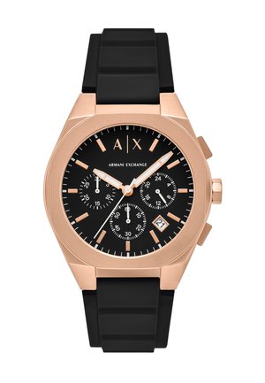 Montre chronographe noire avec un boîtier en acier inoxydable rose doré. Les caractéristiques comprennent un cadran noir, des accents en rose doré et un bracelet en silicone noir texturé.