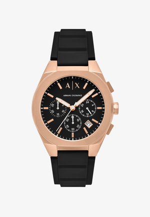 Black chronograph watch with a rose gold stainless steel case. Features include a black dial, rose gold accents, and a textured black silicone strap.