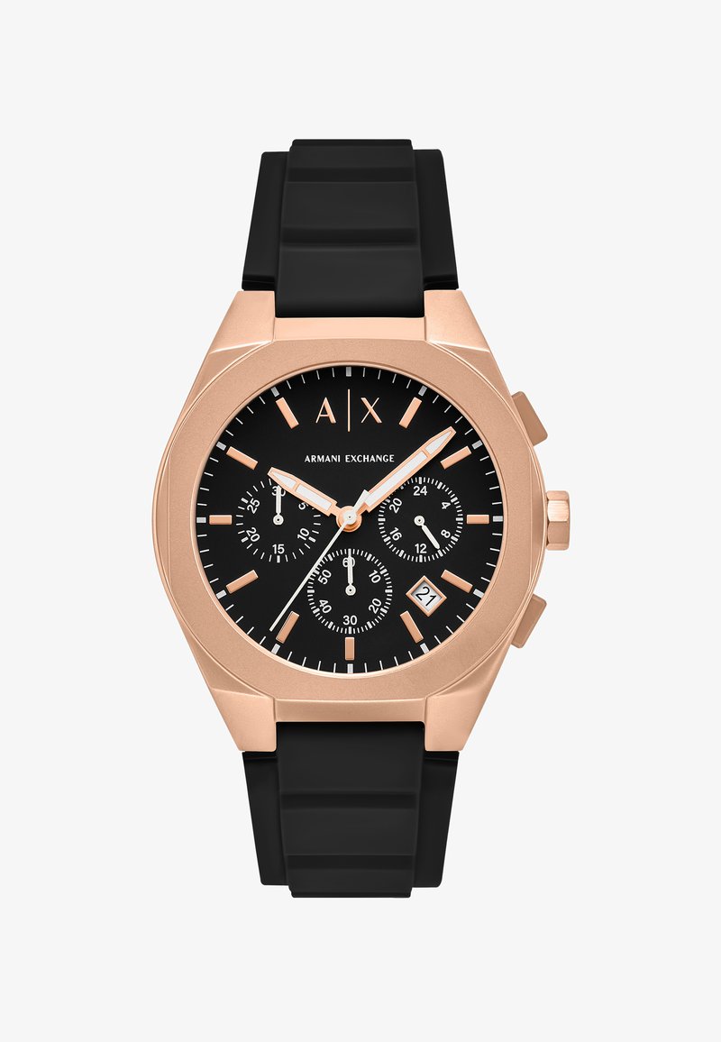 Montre chronographe noire avec un boîtier en acier inoxydable rose doré. Les caractéristiques comprennent un cadran noir, des accents en rose doré et un bracelet en silicone noir texturé.