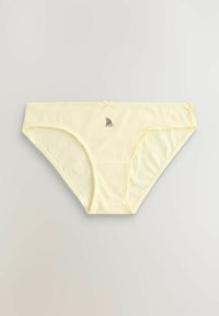 Chiloti bikini din bumbac moale galben pentru femei, cu o fundă mică și un detaliu brodat cu pisică florală în centrul benzii de la talie, partea din față.