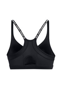 Črn športni modrček z širokimi naramnicami in logotipom "Under Armour", zasnova z racerback, mehak material ter mrežna panel za zračnost.
