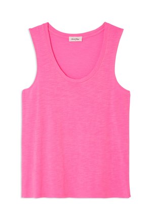 Lys pink ærmeløs tanktop med rund halsudskæring, lavet af let, struktureret stof, vist fladt mod en hvid baggrund.