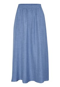 Lyseblå, knælang nederdel lavet af tekstureret stof. Har en elastisk talje og en svajende A-formet silhuet.