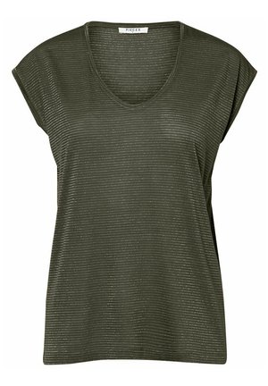 Haut à manches courtes vert olive avec un col en V, présentant un tissu texturé avec des rayures horizontales et un design décontracté.