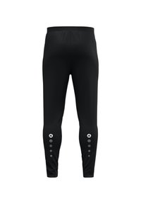 Schwarze Sporthosen mit einer figurbetonten Passform. Sie verfügen über einen elastischen Bund und reflektierende Punkte an den unteren Seiten für bessere Sichtbarkeit.