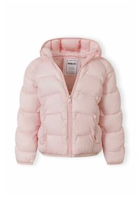 Gaiši rozā polsterēta kapuce jaka bērniem ar priekšējo rāvējslēdzēju un sānu kabatām, izmērs marķēts bērniem no 5 līdz 6 gadiem.