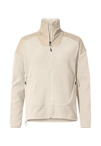 Light beige fleece jacket with high collar, front zipper, and two side zippered pockets. Features textured fabric and smooth shoulder accents.