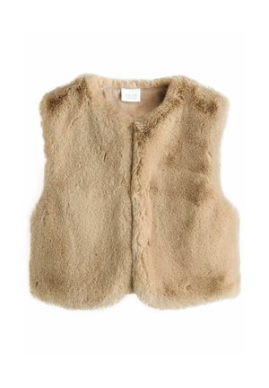 Beige ärmellose Fake-Fur-Weste mit einem runden Ausschnitt, ohne sichtbare Knöpfe oder Reißverschlüsse, auf einem weißen Hintergrund flach ausgelegt.