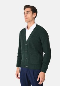 Cardigan verde scuro lavorato a maglia con scollo a V profondo, sei bottoni, polsini a coste e due tasche frontali. Il tessuto presenta un motivo strutturato.