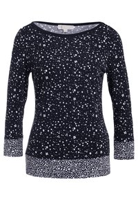 Maglietta a maniche lunghe in cotone blu navy con piccoli motivi floreali bianchi, dotata di scollatura rotonda e polsini e orlo a contrasto con motivo.