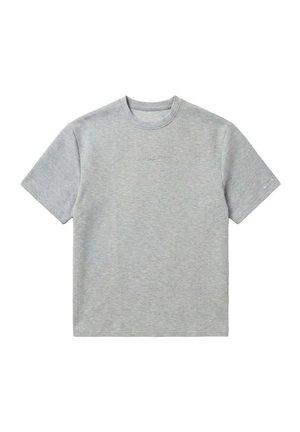 Light grey short-sleeve crew neck T-shirt with a subtle embossed logo on the chest and a small logo on the left sleeve.