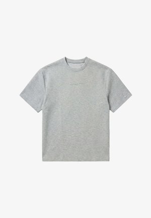 Light grey short-sleeve crew neck T-shirt with a subtle embossed logo on the chest and a small logo on the left sleeve.