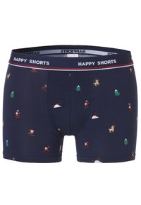 Marineblauwe boxers van zachte stof met een vakantiethema van de kerstman, bomen en rendieren. Elastische tailleband met het label "HAPPY SHORTS".