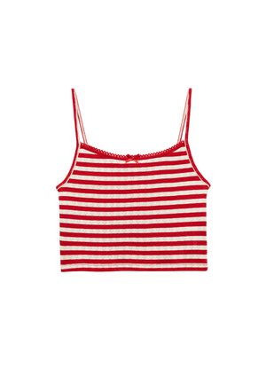 Röd och gräddfärgad randig crop top med tunna axelband, med en vågig spetskant och en liten rosettdetalj framtill.