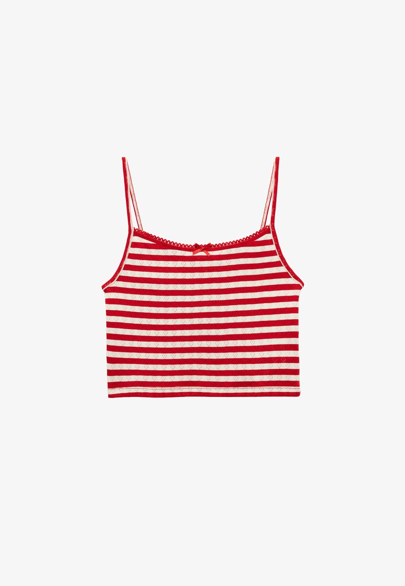 Rød og creme stribet crop top med tynde stropper, prydet med en scalloped blondekant og en lille sløjfedetail i midten foran.