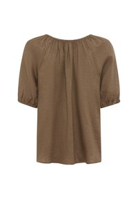 Top corto marrone con maniche a sbuffo e scollatura rotonda, caratterizzato da tessuto arricciato sulle spalle e una vestibilità morbida su tutto il corpo.