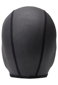 Gorro de natación negro con textura suave, con detalles de costura y un diseño ajustado, adecuado para actividades acuáticas.