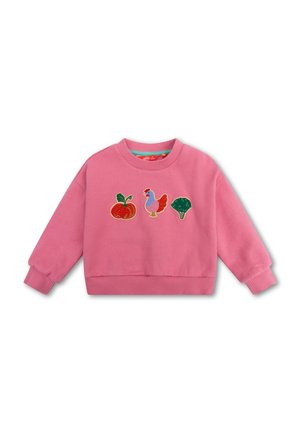 Roze cropped sweatshirt met geborduurde ontwerpen van een pompoen, een kip en broccoli aan de voorkant. Ribgebreide manchetten en halslijn.