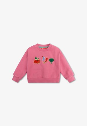 Roze cropped sweatshirt met geborduurde ontwerpen van een pompoen, een kip en broccoli aan de voorkant. Ribgebreide manchetten en halslijn.