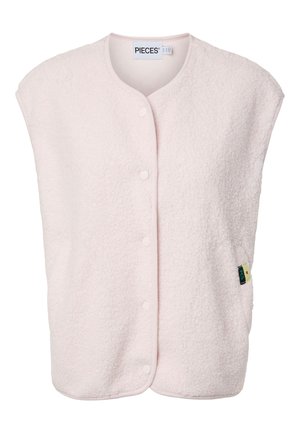 Mehak svetlo roza brezrokavnik, podoben volni, z okroglim izrezom, zapiranjem na pritisne gumbe in majhno tkanino znamke na strani.