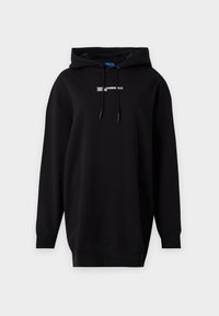 Black hoodie made of cotton blend, featuring a kangaroo pocket, long sleeves, drawstring hood, and white logo text on the front.