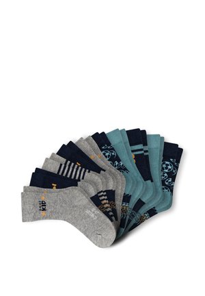 Ensemble de chaussettes courtes multicolores pour enfants en gris, marine et sarcelle avec des rayures, des motifs et de petits imprimés graphiques disposés en éventail.