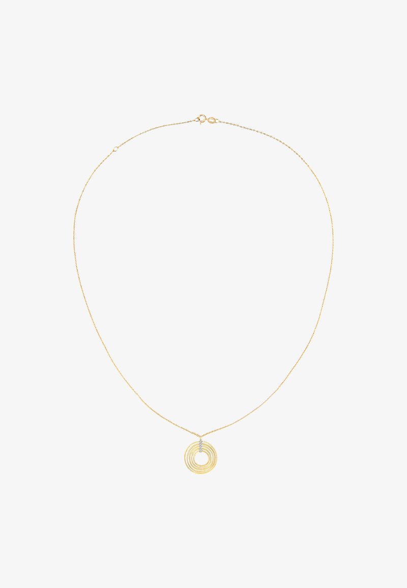 Collar de metal dorado con un colgante de anillos entrelazados, con una textura pulida y un diseño de cadena delicado.