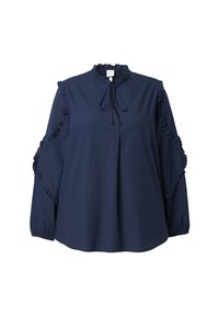 Marineblaue Bluse aus leichtem Stoff, mit langen Ärmeln, Rüschendetails an den Schultern und einem gebundenen Halsausschnitt.