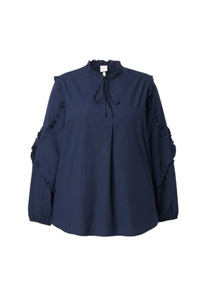 Granatowa bluzka z lekkiego materiału, z długimi rękawami, detalami w postaci falbanek na ramionach oraz wiązanym dekoltem.