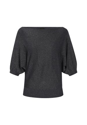 Top negro, de tirantes caídos, con mangas cortas abullonadas; hecho de una tela texturizada con un sutil brillo.