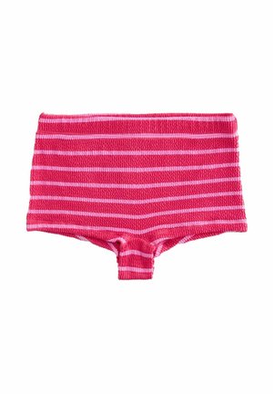 Rosa-weiß gestreifte kurze Badehose mit gestrickter Textur. Verfügt über einen hohen Bund und eine enganliegende Passform. Geeignet für Wassersportarten.