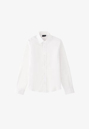 Camicia bianca a maniche lunghe con bottoni e colletto, realizzata in tessuto liscio, mostrata su sfondo bianco.