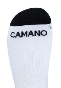 Hvid sok med sort tå og ribbet tekstur, med mærkenavnet "CAMANO" trykt i sort på siden. Størrelse angivet som "L."