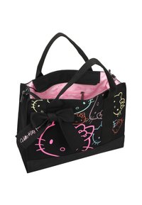Borsa tote nera con grafiche colorate di Hello Kitty e un grande fiocco decorativo. Interno rosa con tasca con zip, manici resistenti.