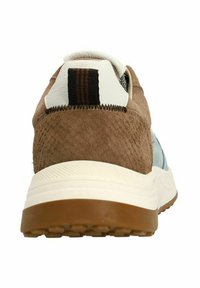 Brown suede sneaker with light blue accents, white leather collar, and a textured brown rubber sole. Features a black striped pull tab at the back.