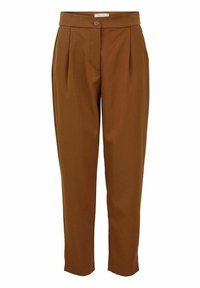 Ruskotaiset ruskeat housut korkealla vyötäröllä, joissa on laskokset, edessä nappikiinnitys ja kapeat, kapenevat lahkeet. Sileä pinta ja kiiltävä viimeistely.