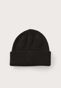 Bonnet en tricot noir avec un revers replié et une texture lisse. Présente un dessus sans couture et un design minimaliste. Adapté pour les temps froids.