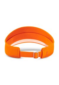 Jasne oranžové nastaviteľné čelenka vyrobené z látky, s hladkým vnútorným podšívkou a striebornou kovovou sponou na nastavenie veľkosti.