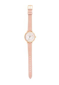 Reloj Fossil con un dial blanco redondo, manecillas doradas y correa de cuero rosa. Presenta marcadores en números romanos y un cierre clásico de hebilla.