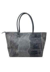 Šedá taška přes rameno s kombinací hladké a texturované ekologické kůže s krokodýlím vzorem. Dvě pevné ucha pro snadné nošení.