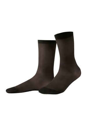 Zwei schwarze, transparente Knöchelsocken mit verstärkten Zehen und Bündchen, vor weißem Hintergrund dargestellt.