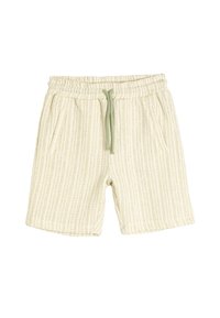 Helle beige Shorts mit vertikalen strukturierten Streifen, elastischem Bund und Kordelzug. Verfügt über zwei seitliche Taschen für zusätzlichen Komfort.