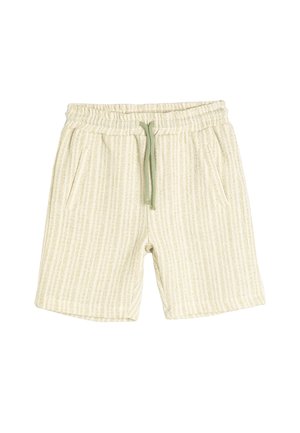 Helle beige Shorts mit vertikalen strukturierten Streifen, elastischem Bund und Kordelzug. Verfügt über zwei seitliche Taschen für zusätzlichen Komfort.
