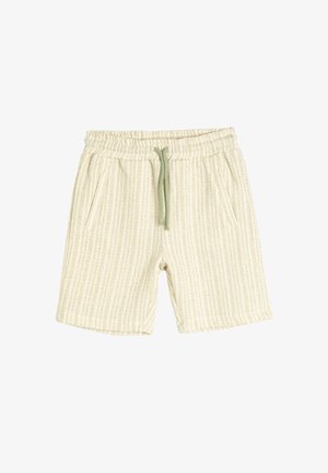 Helle beige Shorts mit vertikalen strukturierten Streifen, elastischem Bund und Kordelzug. Verfügt über zwei seitliche Taschen für zusätzlichen Komfort.