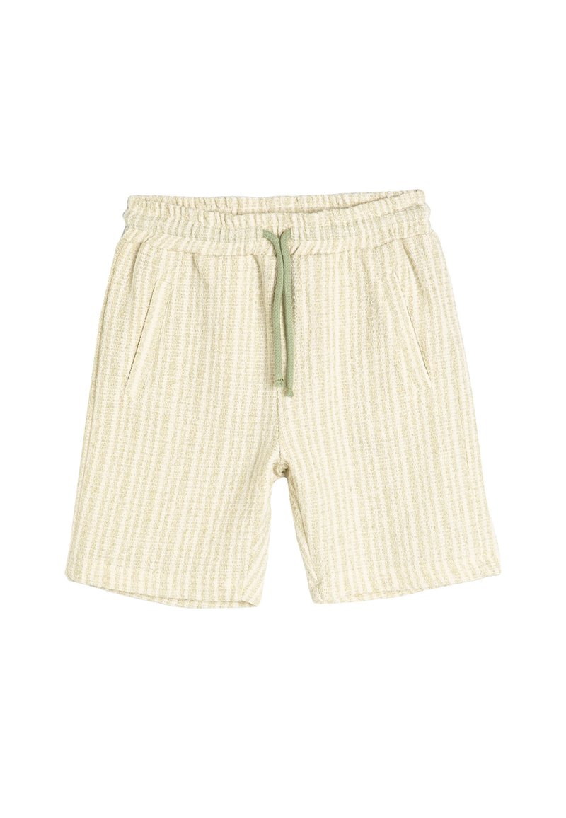 Helle beige Shorts mit vertikalen strukturierten Streifen, elastischem Bund und Kordelzug. Verfügt über zwei seitliche Taschen für zusätzlichen Komfort.