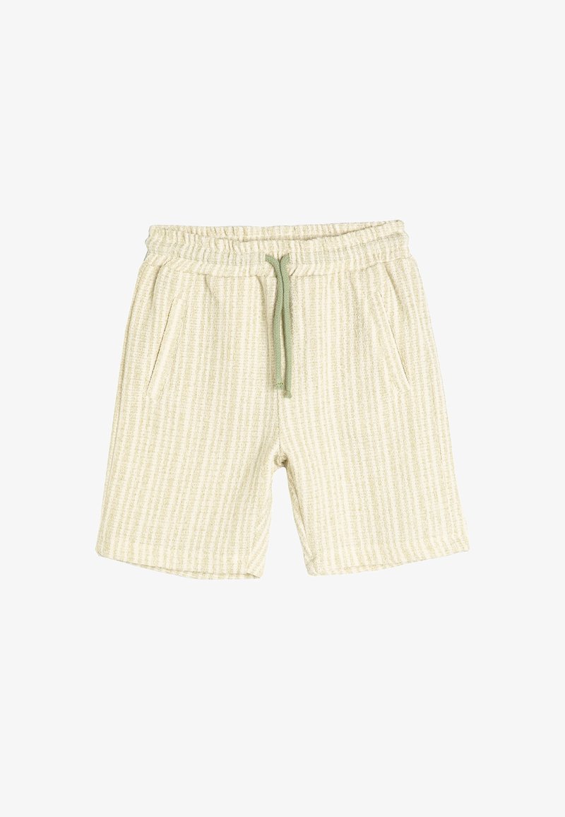 Helle beige Shorts mit vertikalen strukturierten Streifen, elastischem Bund und Kordelzug. Verfügt über zwei seitliche Taschen für zusätzlichen Komfort.