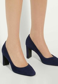 Chaussures à talons aiguilles en daim bleu marine, avec un bout pointu et un talon bloc robuste, présentant une texture lisse et un design épuré.