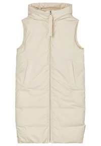 Gilet long en beige matelassé avec capuche, doté d'une fermeture éclair à l'avant, de deux poches latérales et d'une texture lisse et matelassée.